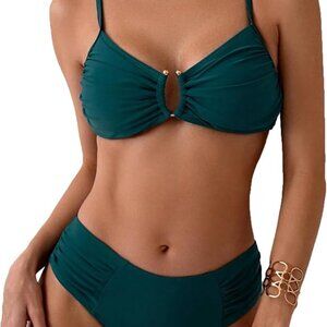 Fanuerg Women's Ruched Bikini Sets U-Wire Linked Two Piece Swimsuit Mid Waist